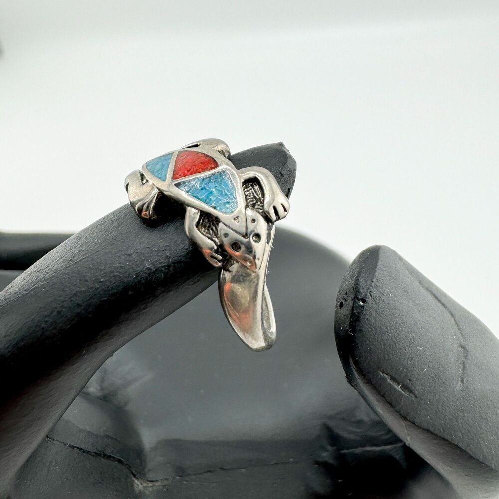 Vintage Southwestern Crushed Turquoise Coral 925 Silver Ring Natural Boho - Picture 3 of 10